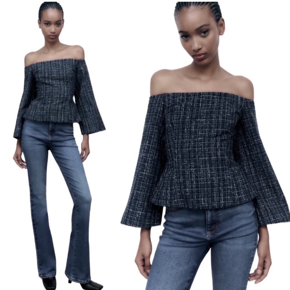 New with tags Zara Blue Tweed Off the Shoulder Top / fitted / size XS